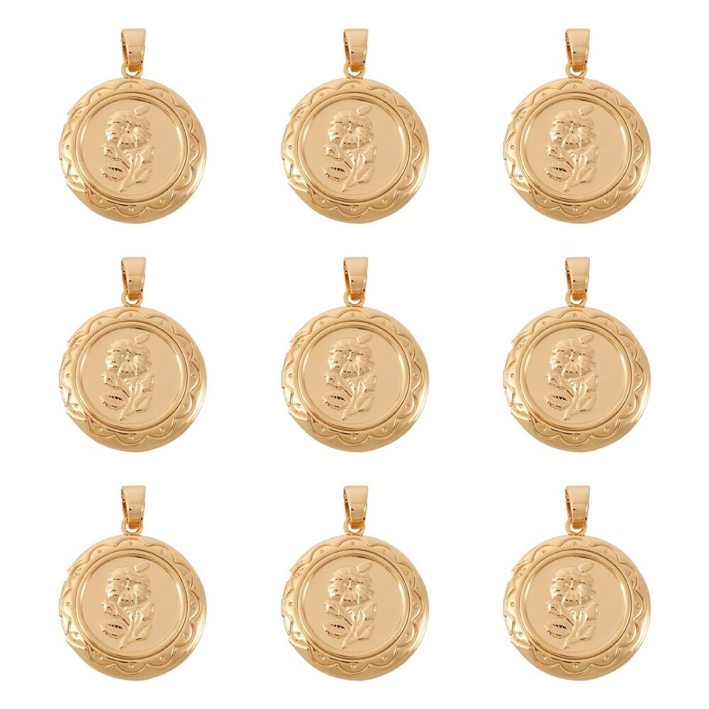 7084 10pcs 18K Gold Flat Round Photo Locket Pendants Brass Picture Frame
